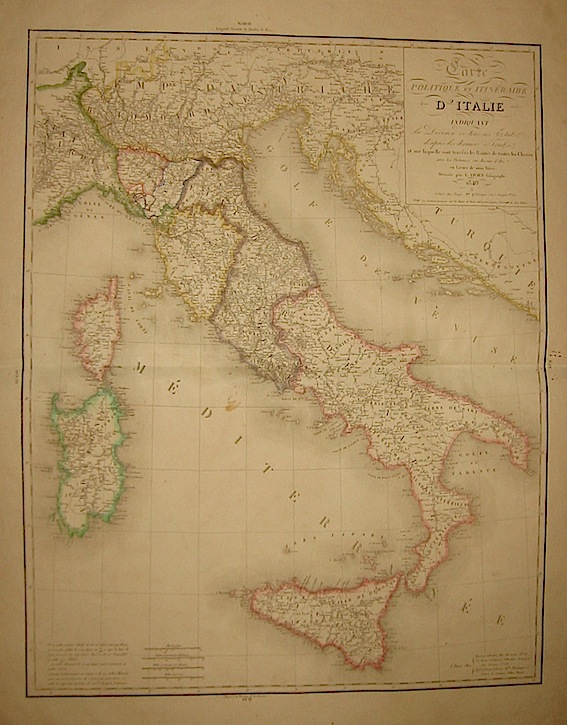 Vivien L. Carte politique et itineraire d'Italie 1840 Parigi-Tolosa 